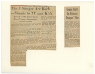 Moe Howard Items With Curly Joe: 5.5'' x 11'' Loew's Oriental Handbill for Three Stooges Show; 5.25'' x 4.75'' Invitation for Chase Club Show; 8'' x 10'' Glossy Photo; About 6 News Clips -- Very Good